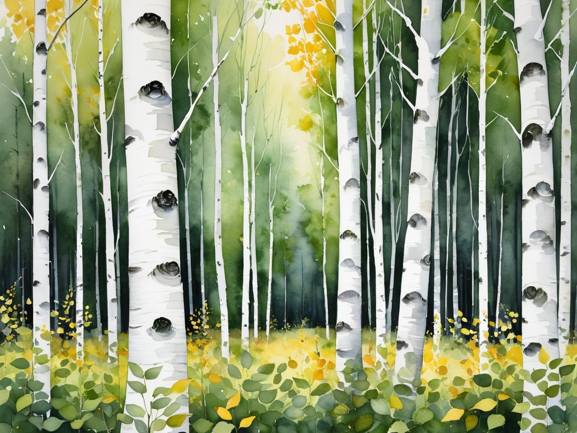 Serene forest scene with birch trees and sunlight