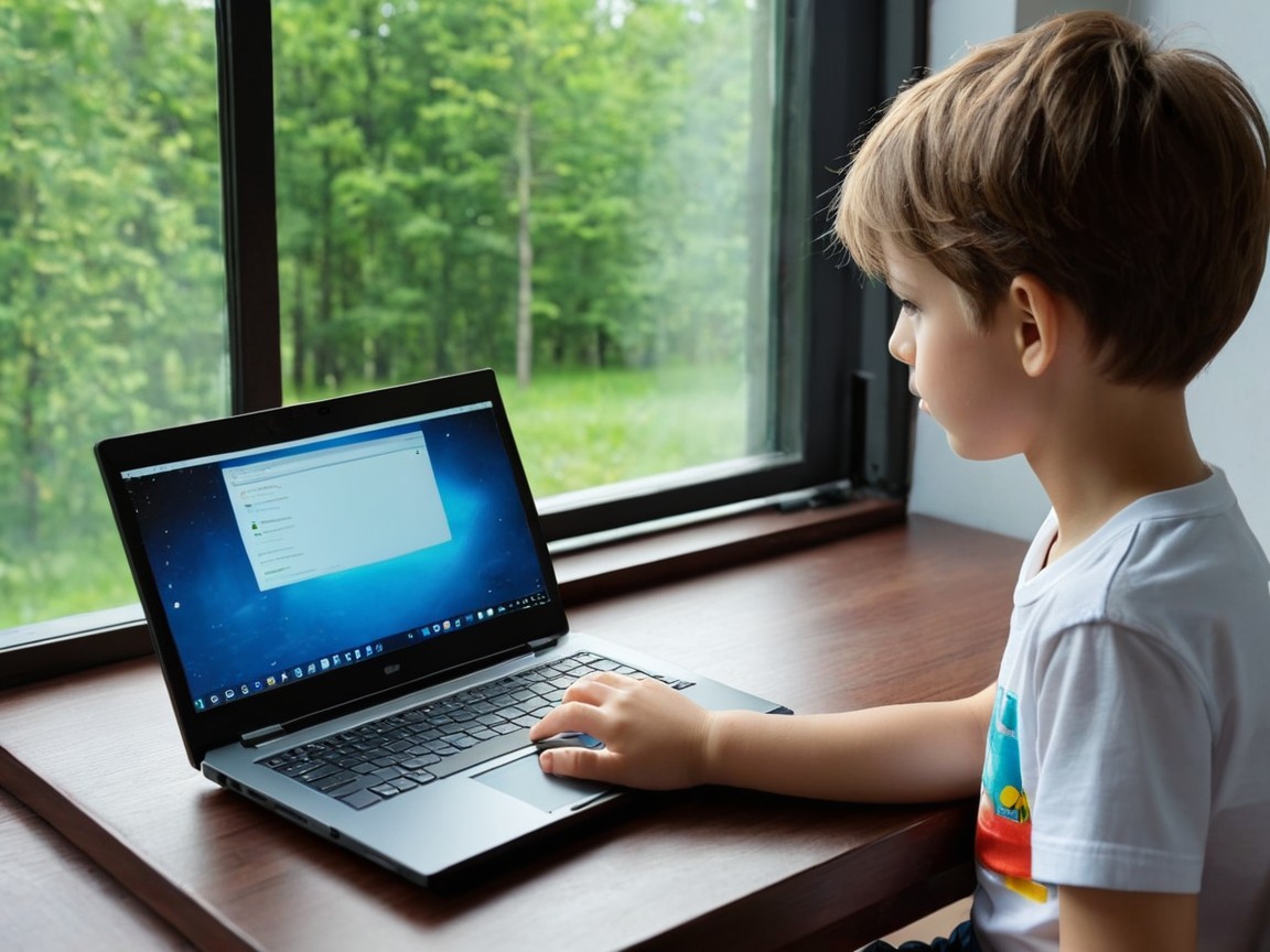 Young boy using laptop at wooden table by window