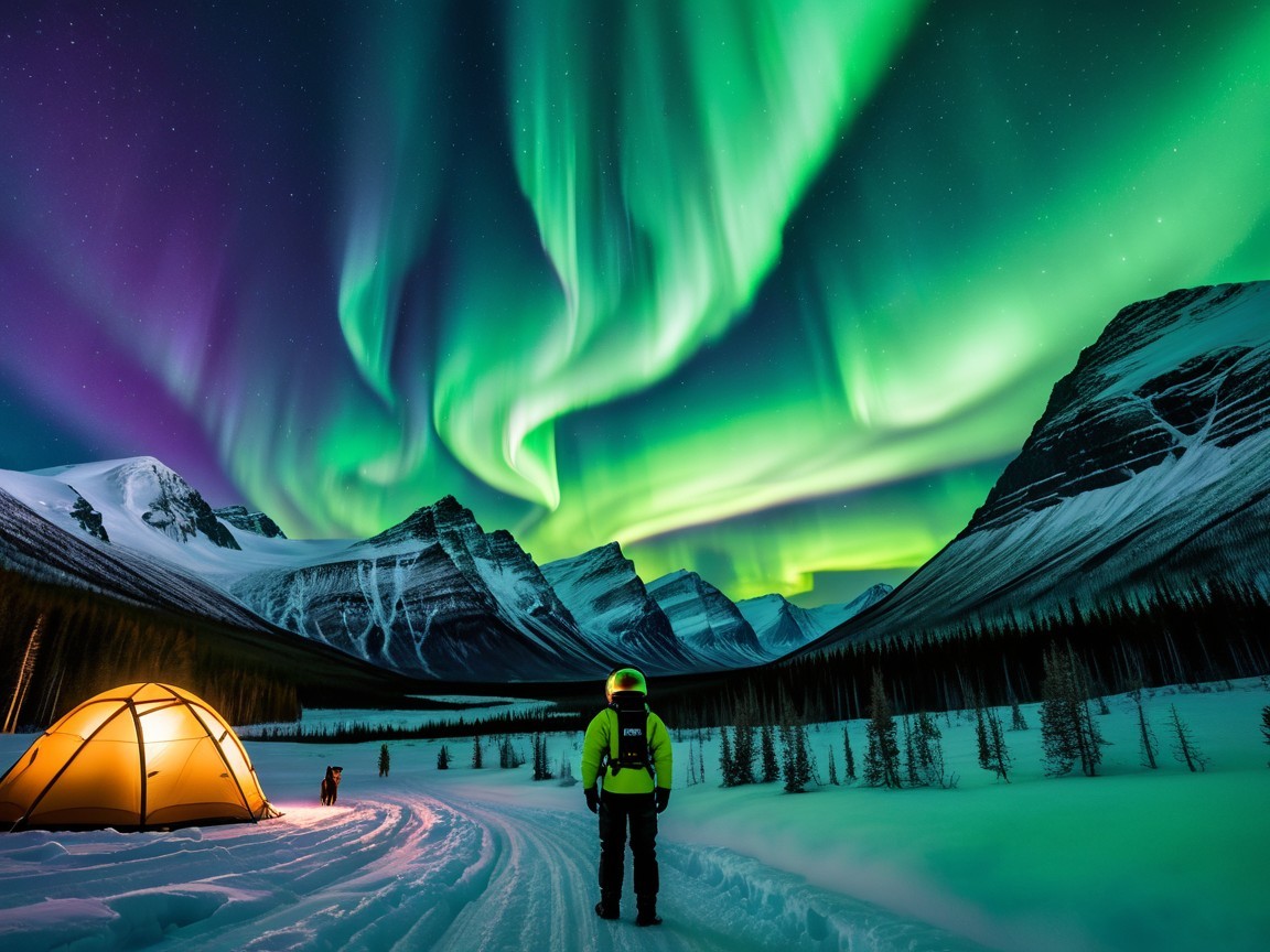 Person observing vibrant aurora borealis over mountains