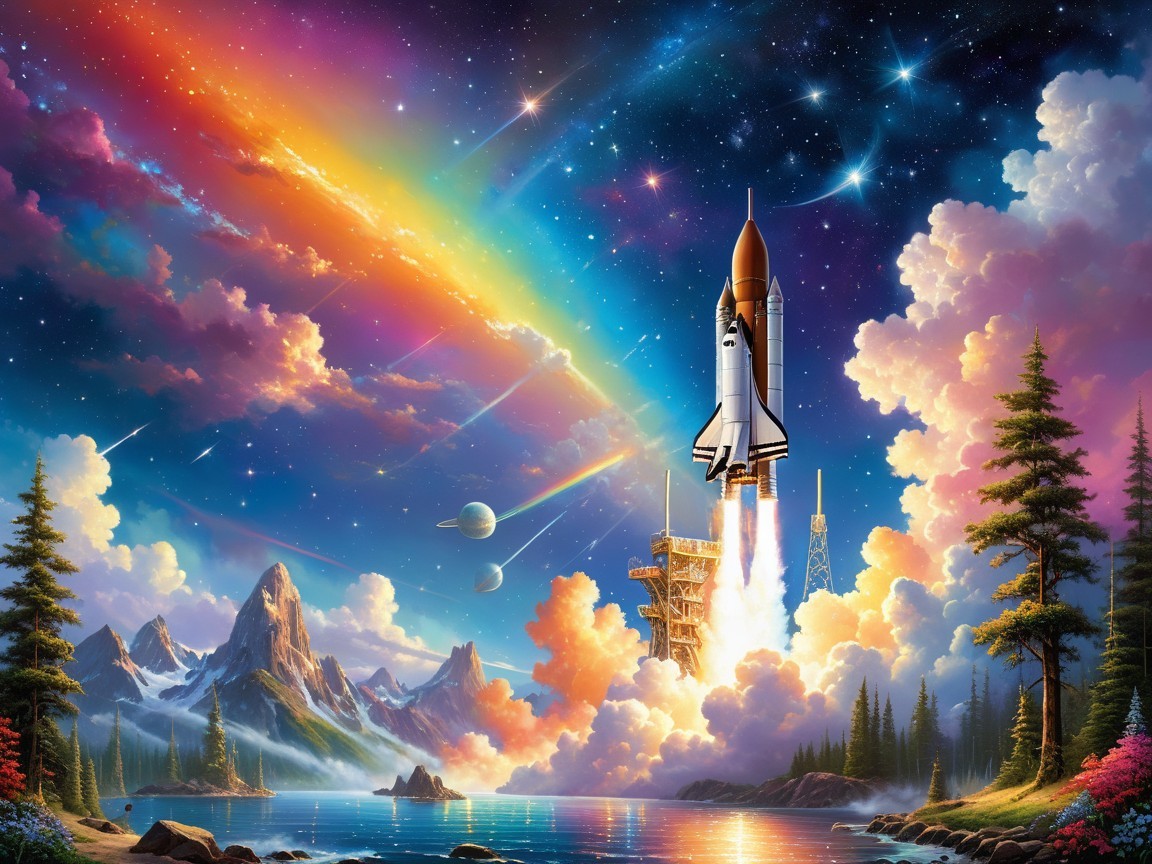Fantasy Landscape with Space Shuttle and Rainbow Sky