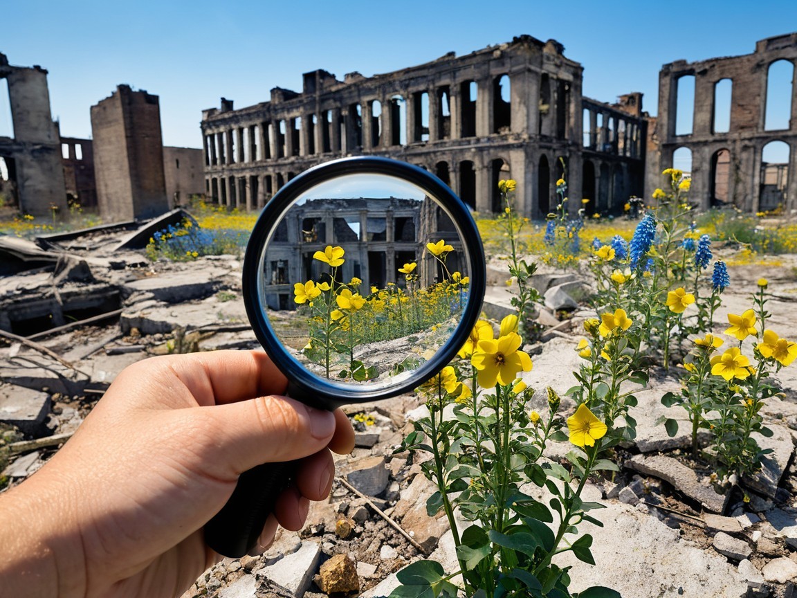 Magnifying Glass Highlights Flowers Among Ruins