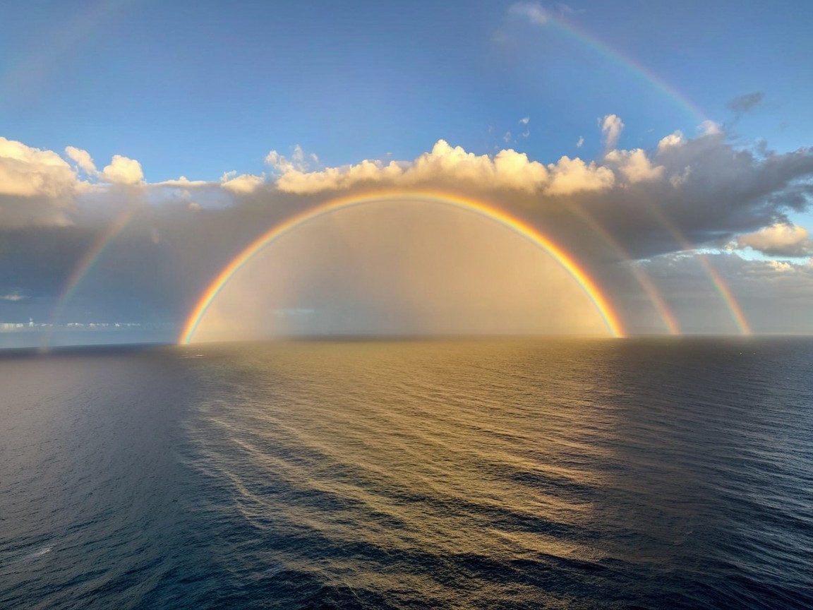 Ocean View with Rainbow and Sunlit Water Surface