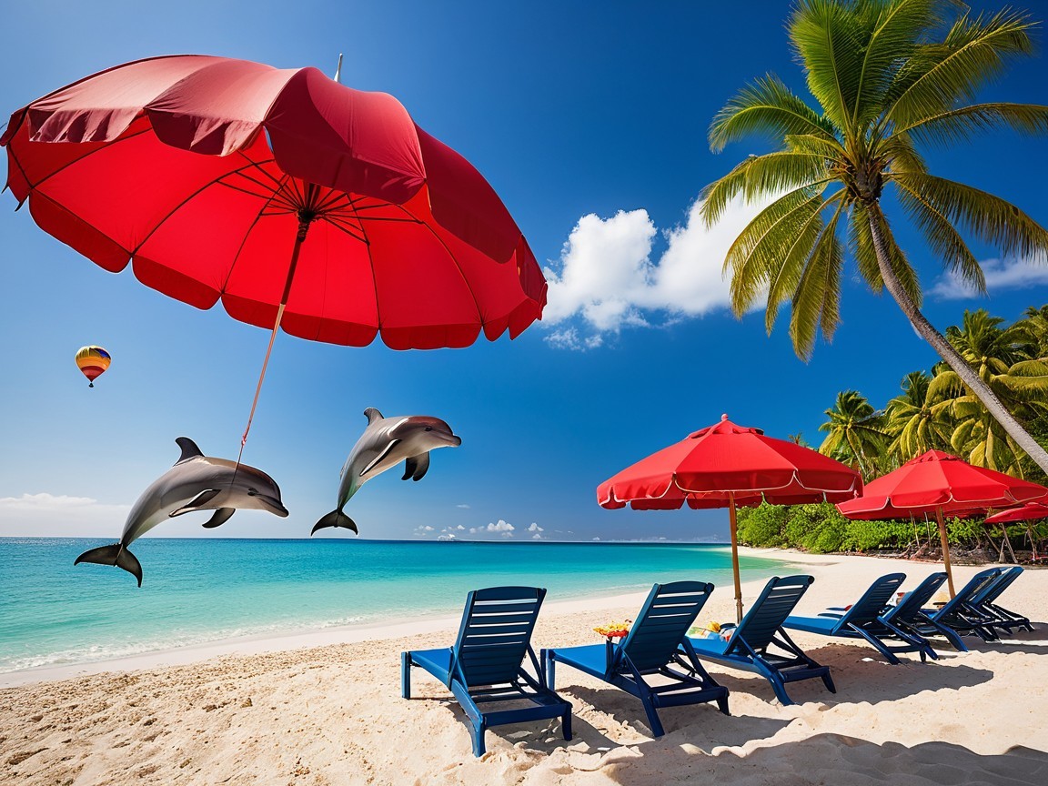 Vibrant Beach Scene with Umbrellas and Dolphins