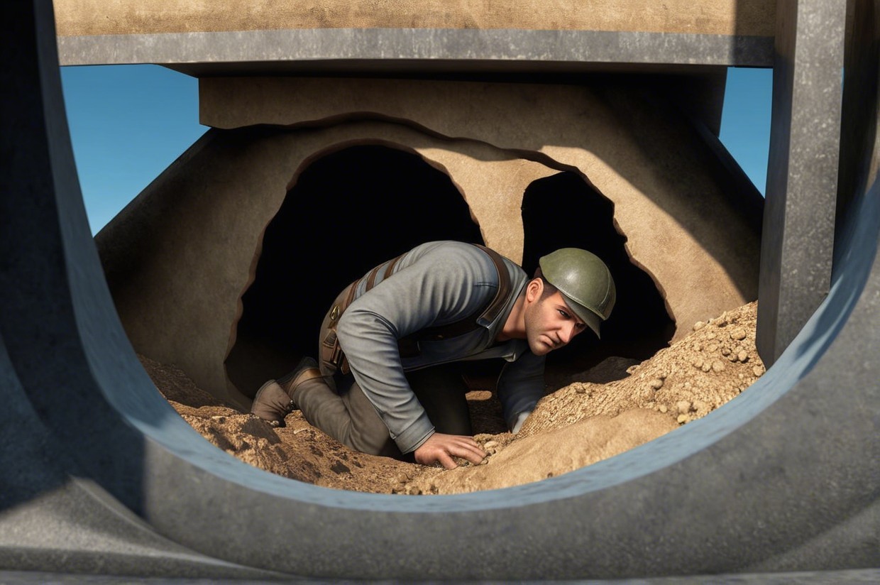 Soldier Crawling Through Narrow Tunnel in Military Uniform