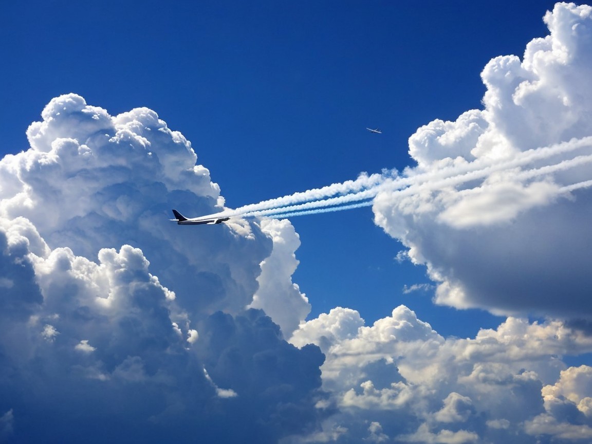 Commercial Airplane Ascending in Blue Sky with Clouds