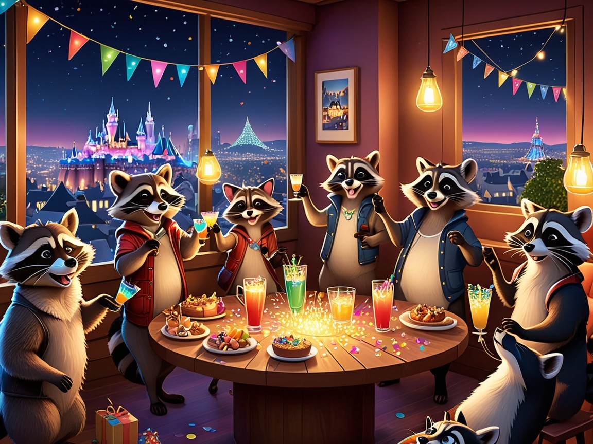 Raccoons Celebrating at a Circular Table with Desserts