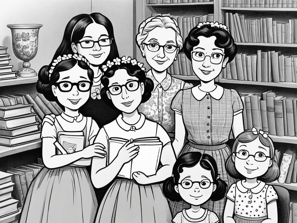 Group of Women in Vintage Clothing in Library Setting