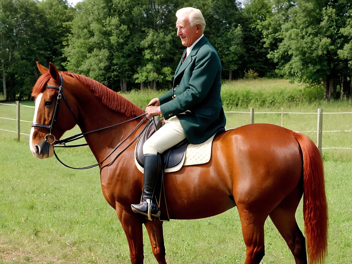 Older Gentleman on Chestnut Horse in Pastoral Setting