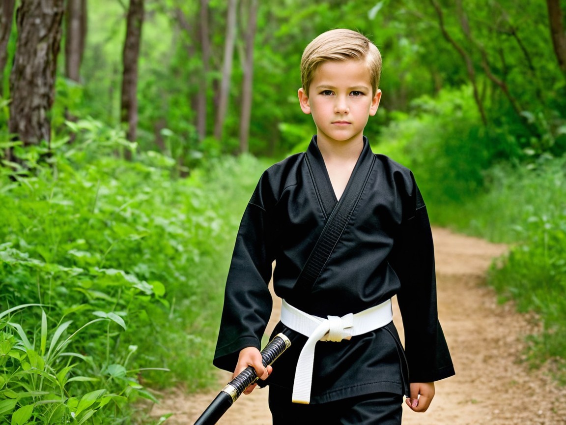 Young Boy in Karate Gi with Katana in Forest