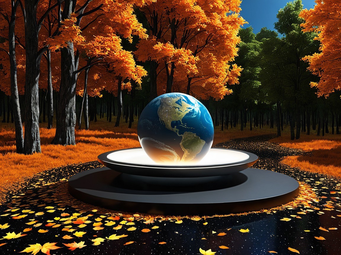 3D Rendered Earth Globe in Autumn Forest Setting