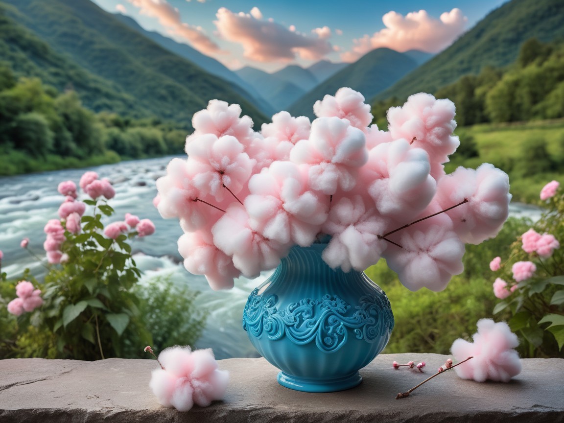 Vibrant Blue Vase with Pink Cotton Flowers by River