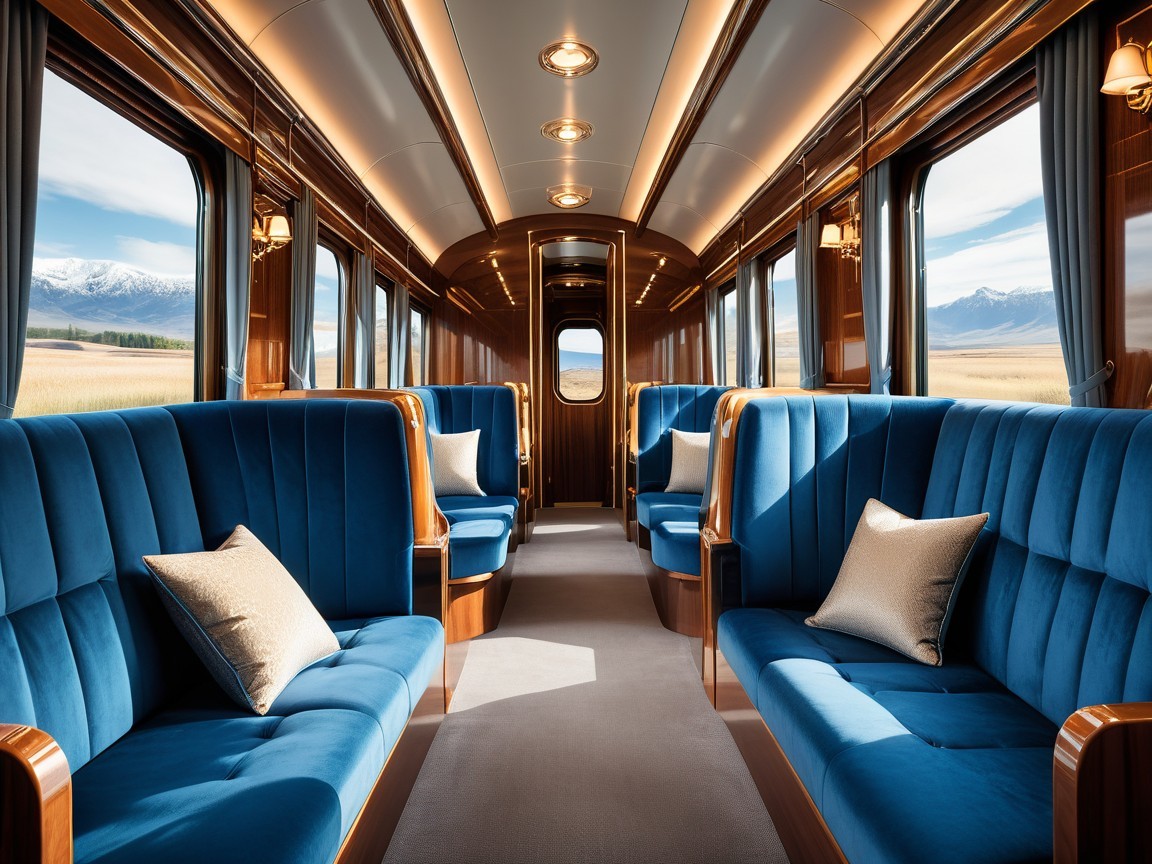 Luxurious Train Interior with Blue Velvet Seating