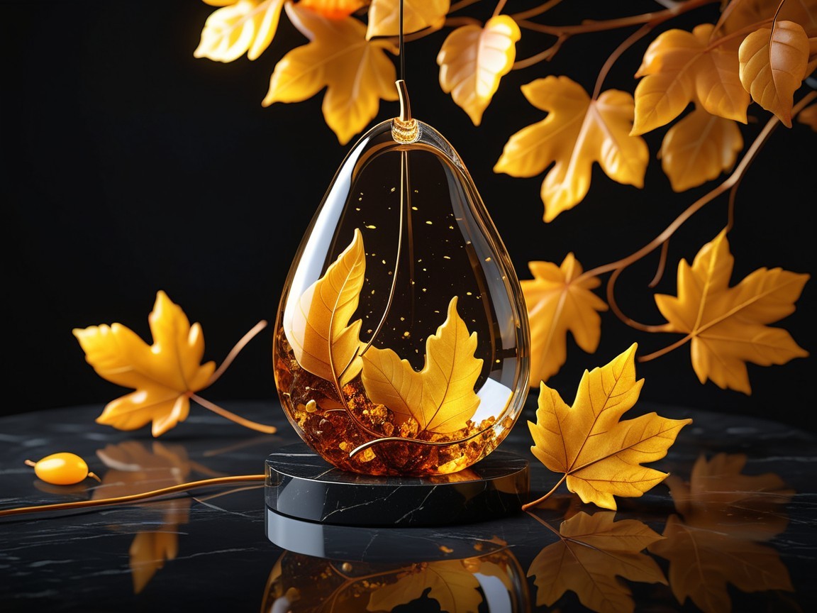 Glass Teardrop Pendant with Autumn Leaves in Resin