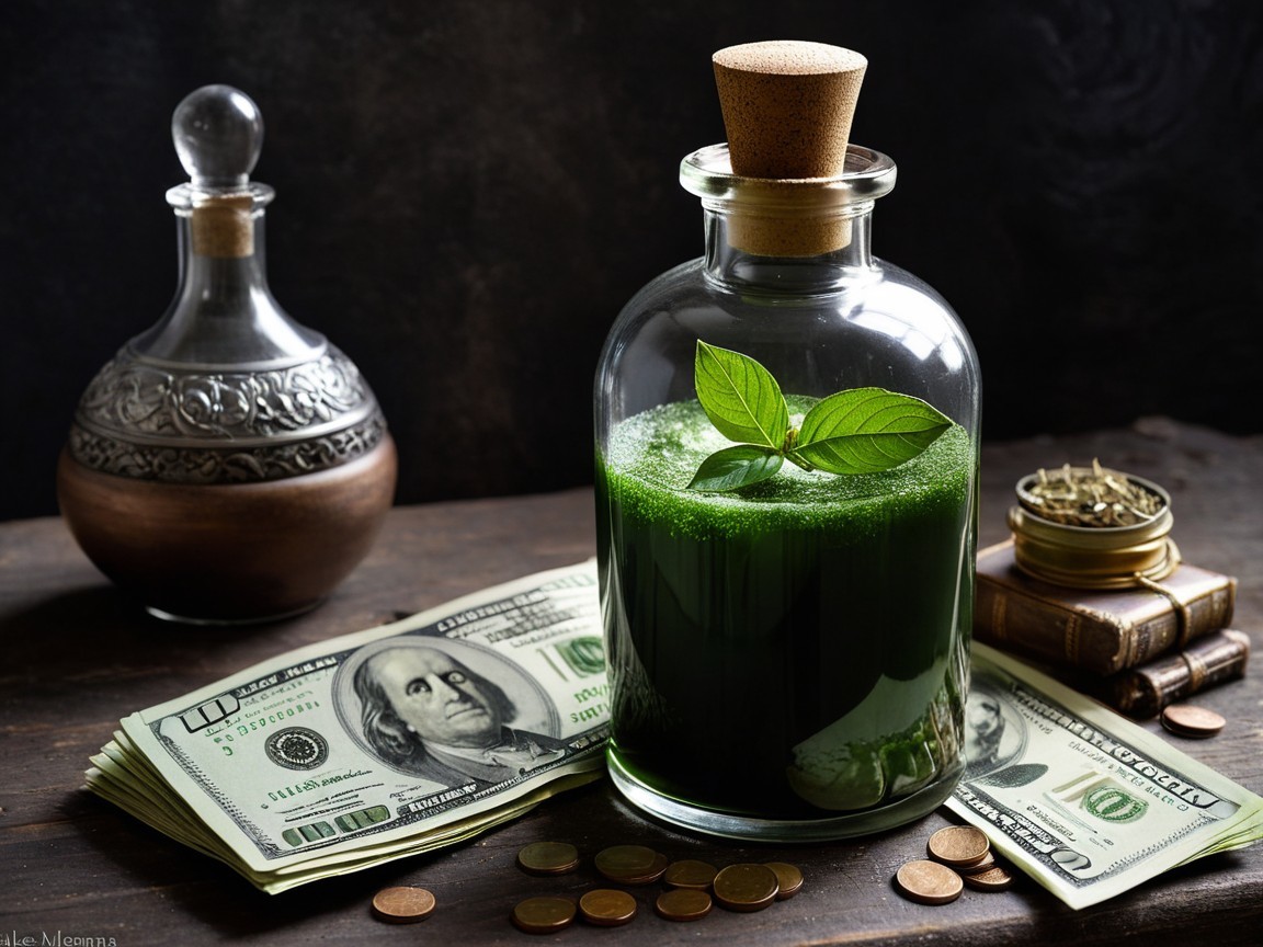 Glass Bottle with Green Liquid and Stacks of Money