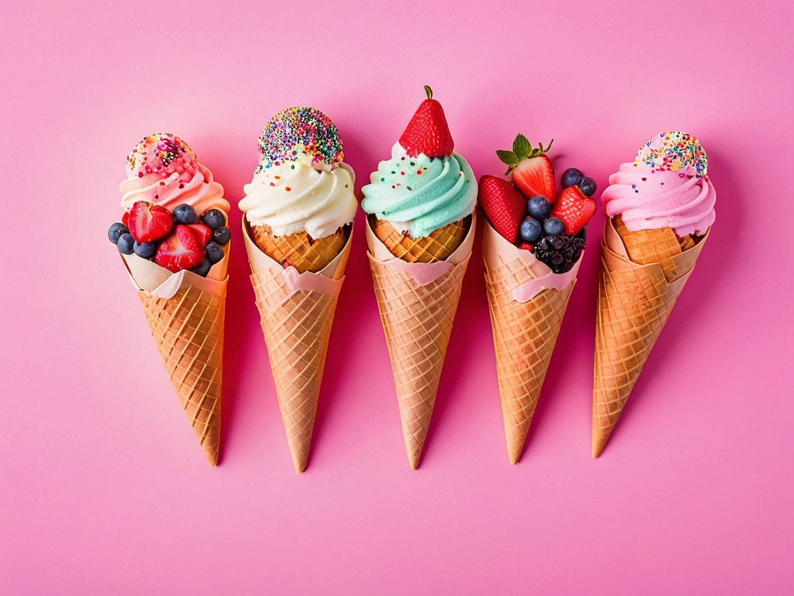Colorful Ice Cream Cones on Pink Background