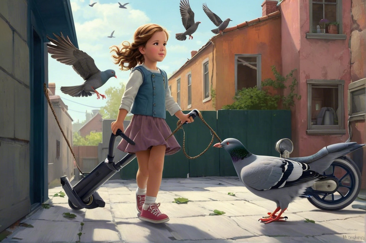 Young girl with pigeon on leash in sunny alley