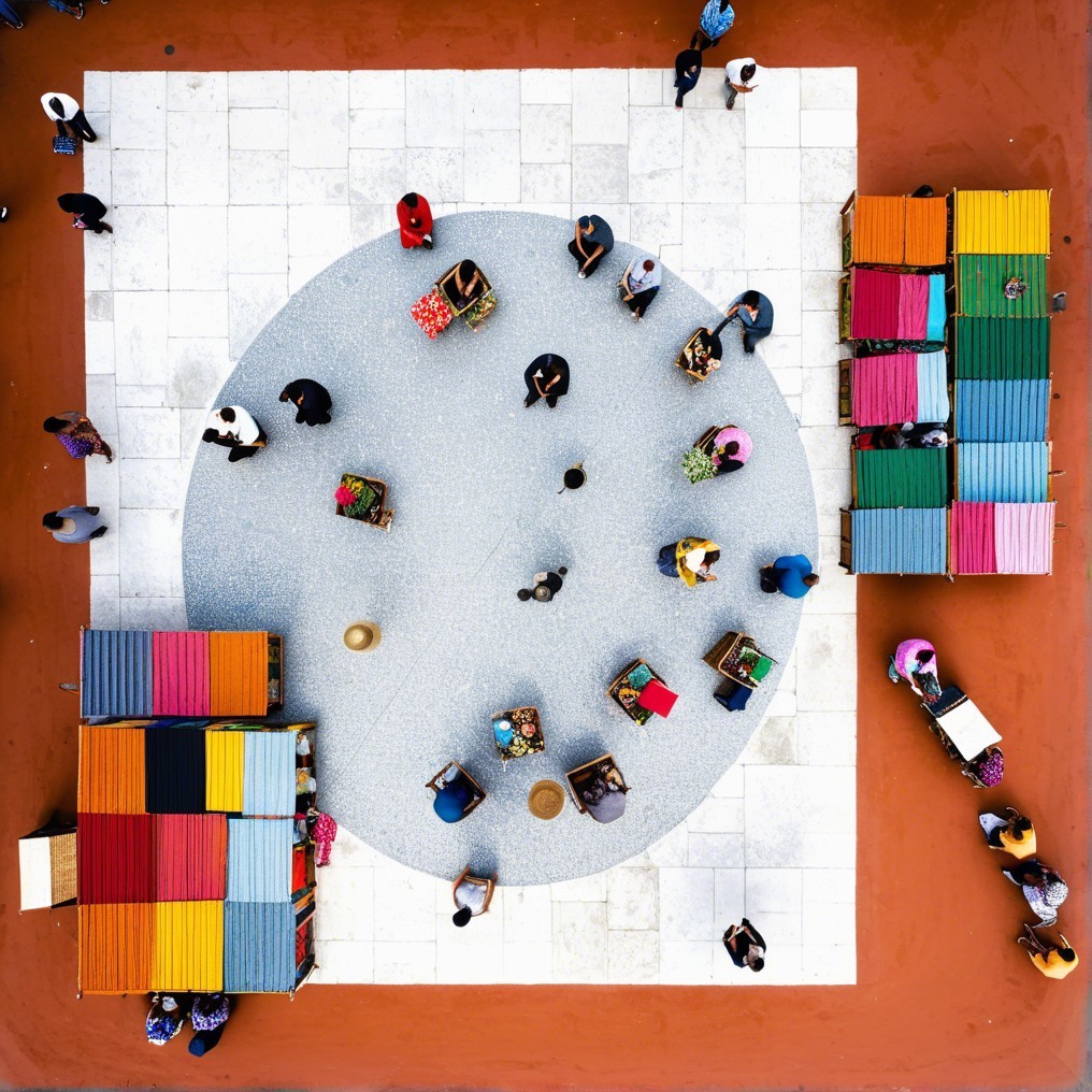 Aerial View of a Vibrant Market Square with Stalls