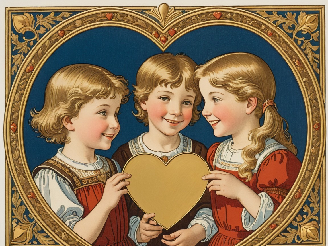 Cheerful Children in Heart Frame with Golden Heart
