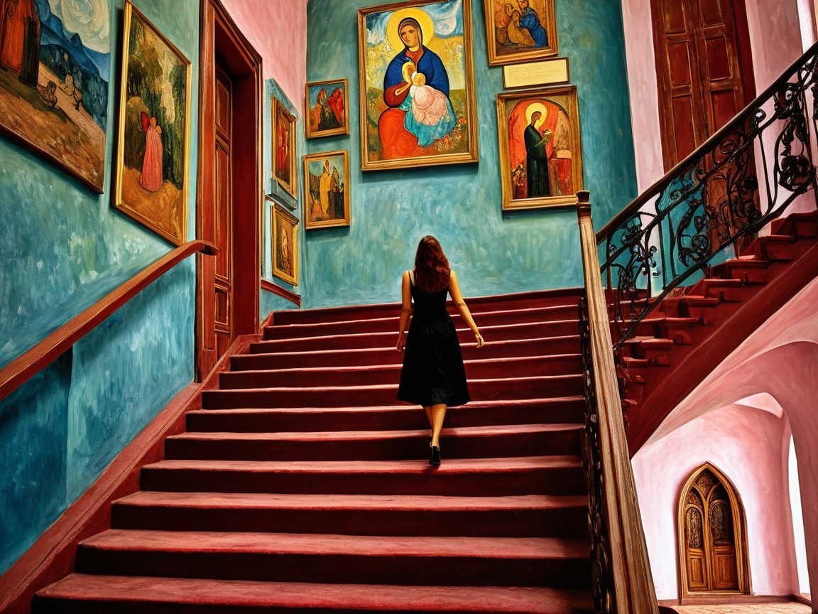 Woman in Black Dress on Grand Staircase in Museum