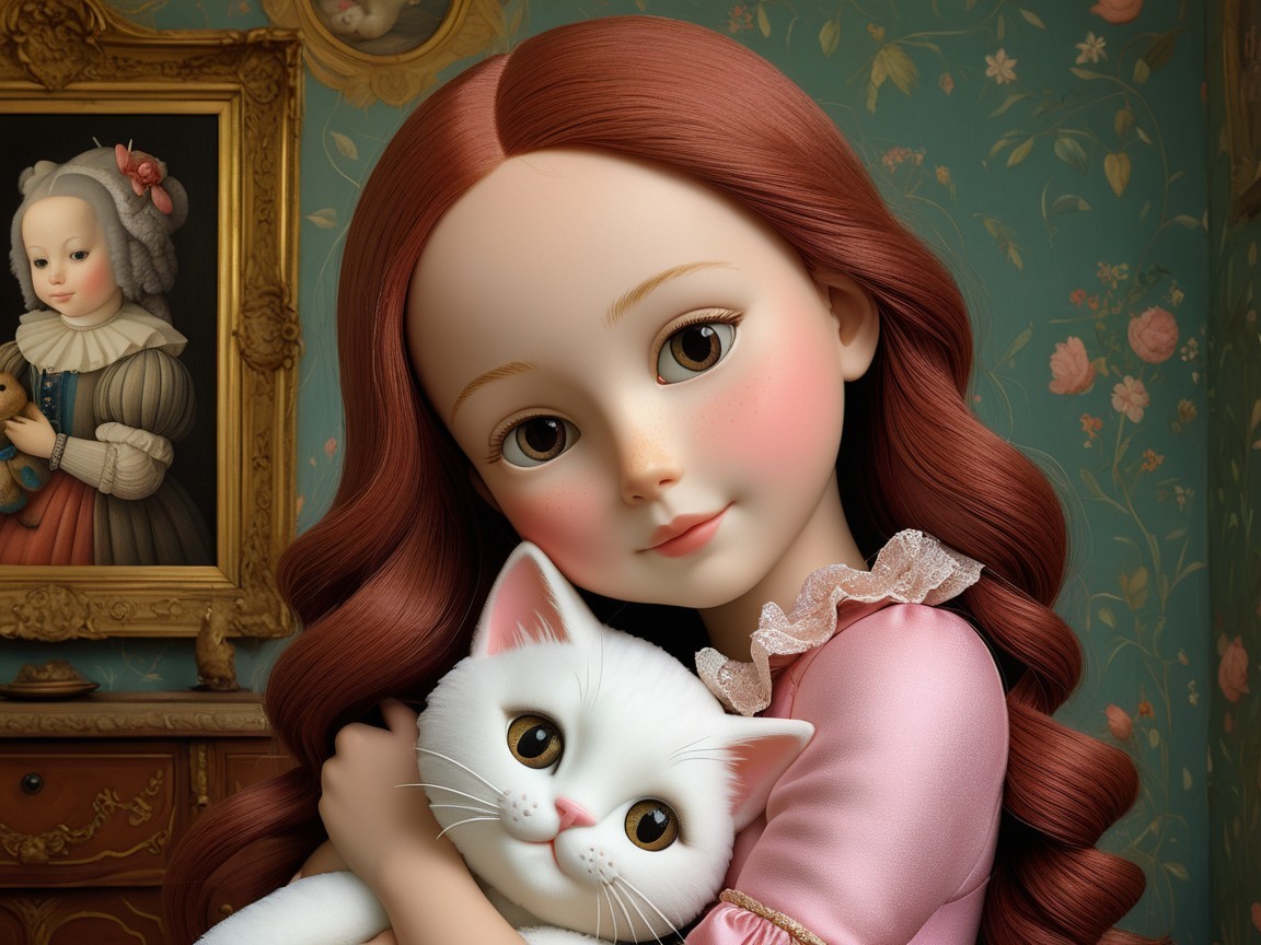 Young girl with cat in vintage-style room setting
