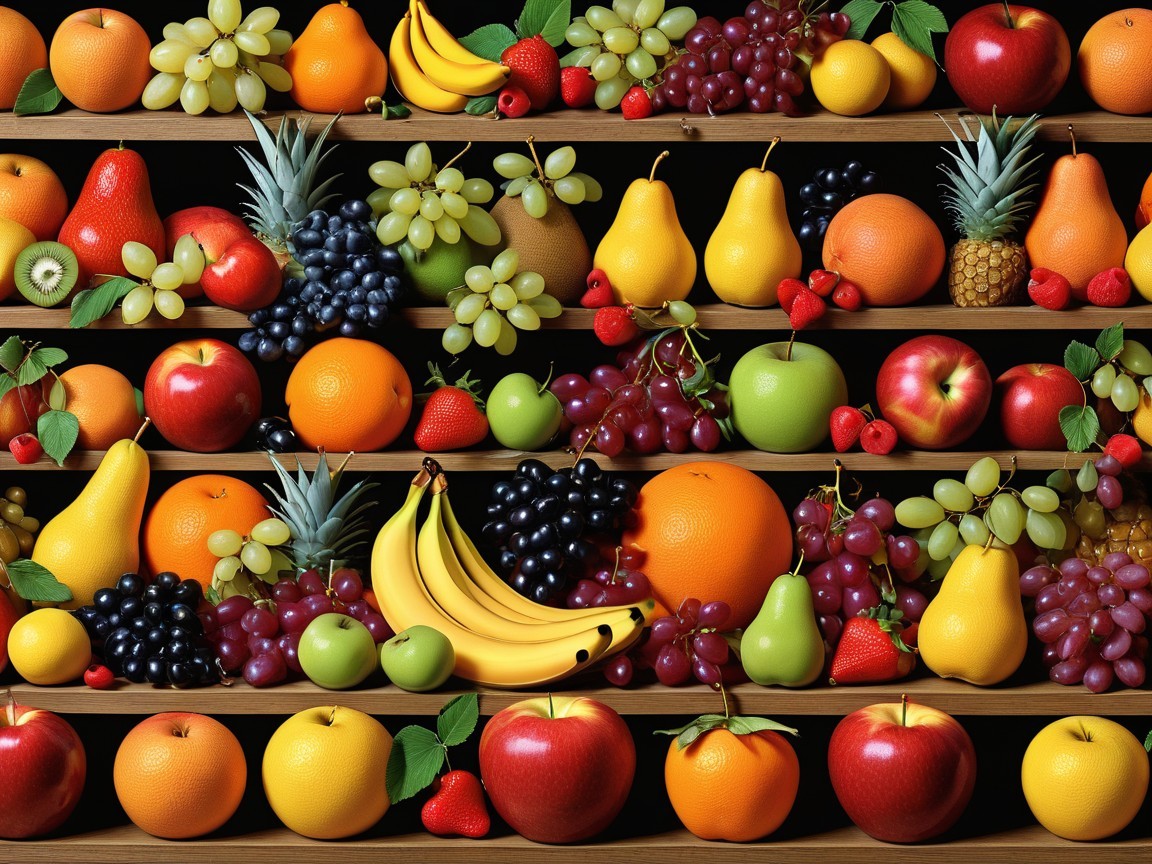 Digital Painting of Diverse Fresh Fruits on Shelves