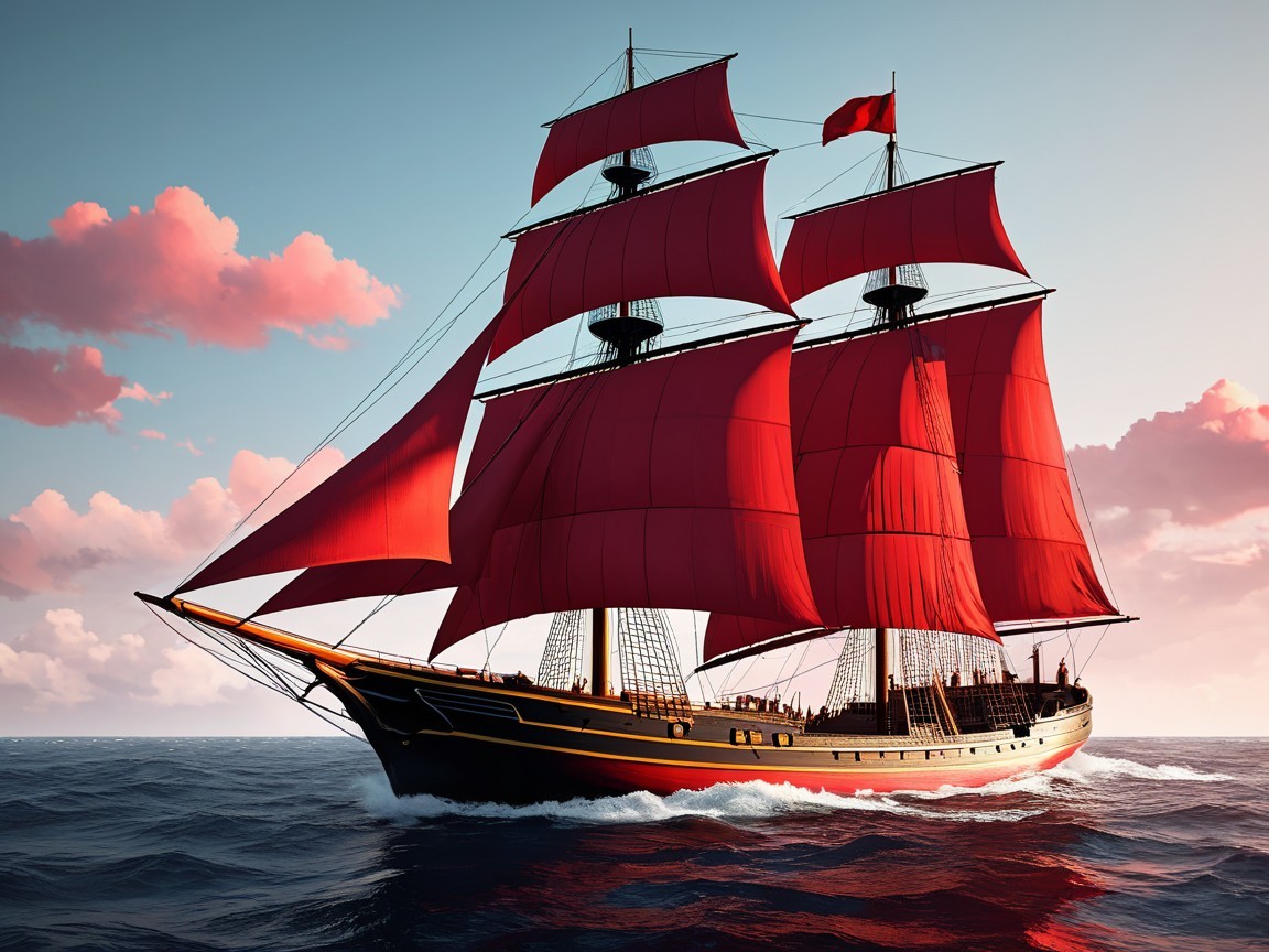 Majestic sailing ship with red sails in pink sky