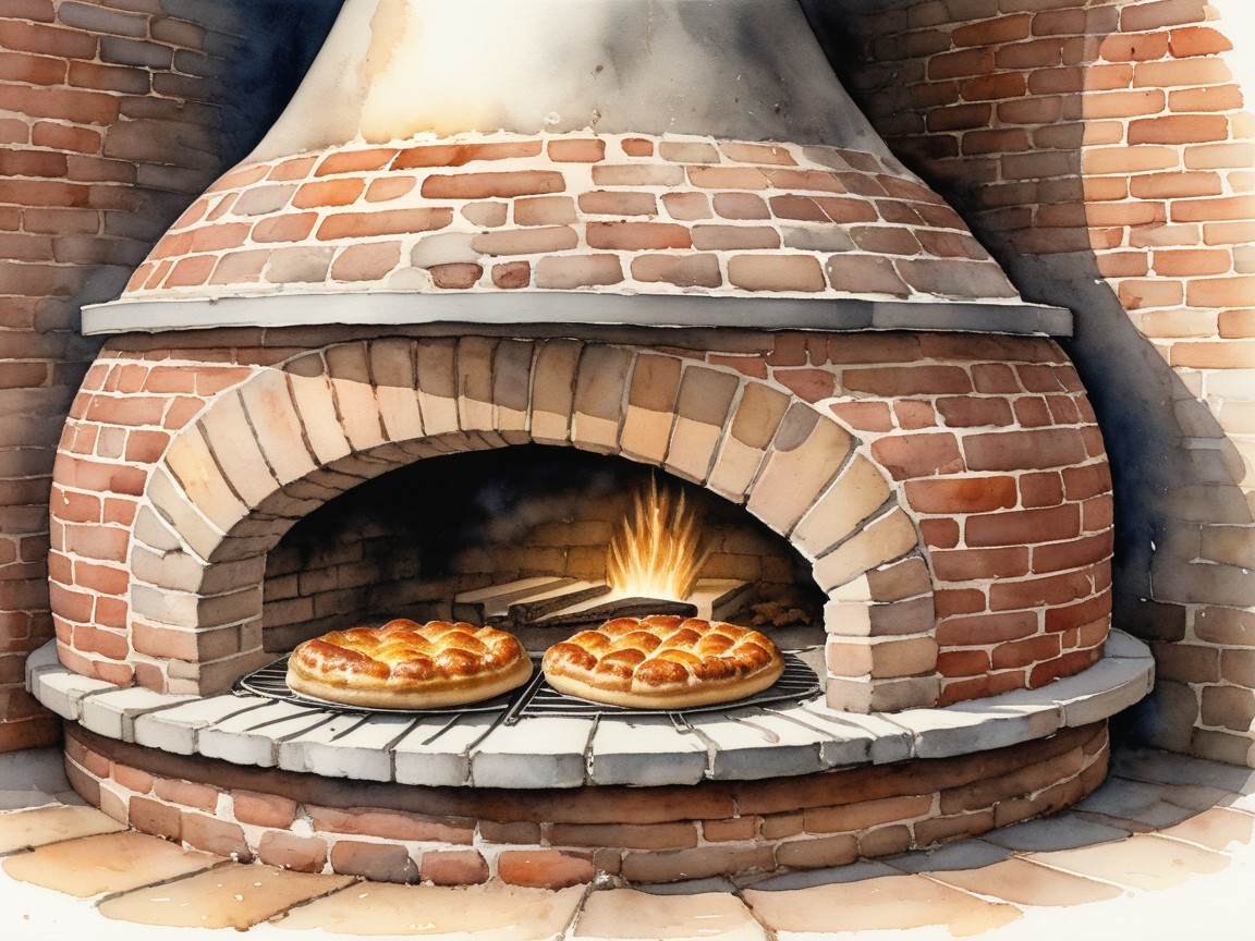 Rustic Outdoor Brick Pizza Oven with Glowing Fire