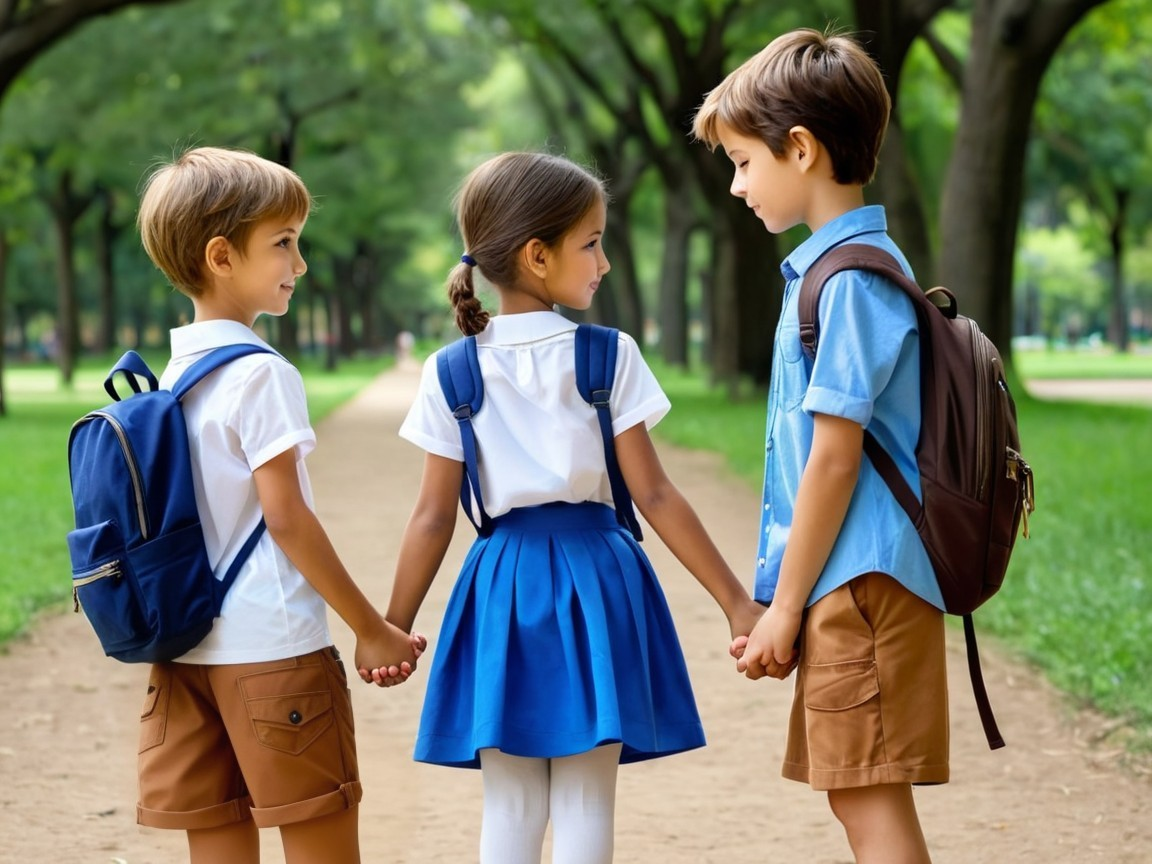 Children on a park path, smiling and holding hands