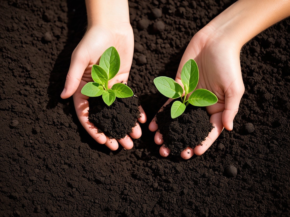 Close-Up of Hands Holding Seedlings in Dark Soil