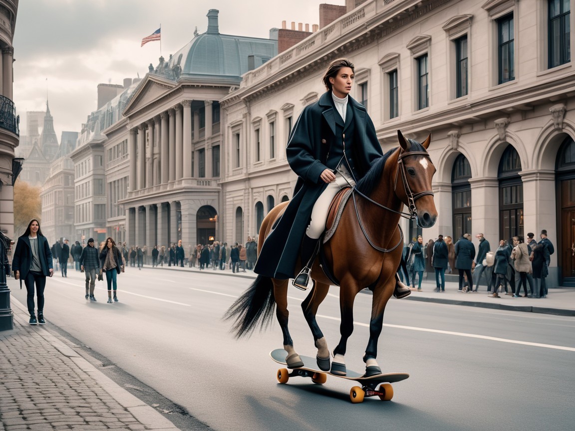 Woman Riding Horse on Skateboard in Urban Setting