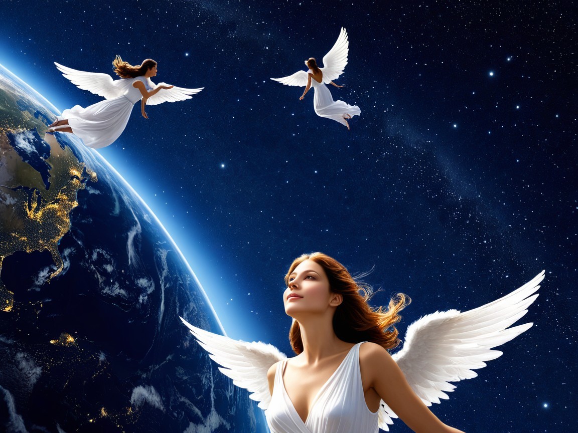 Celestial Scene with Ethereal Winged Figures and Earth