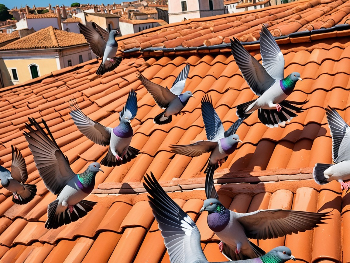 Colorful Pigeons Flying Over Terracotta Rooftops