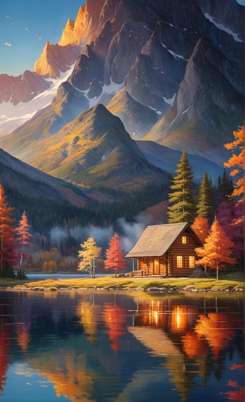 Cozy Cabin by Serene Lake Amidst Autumn Foliage