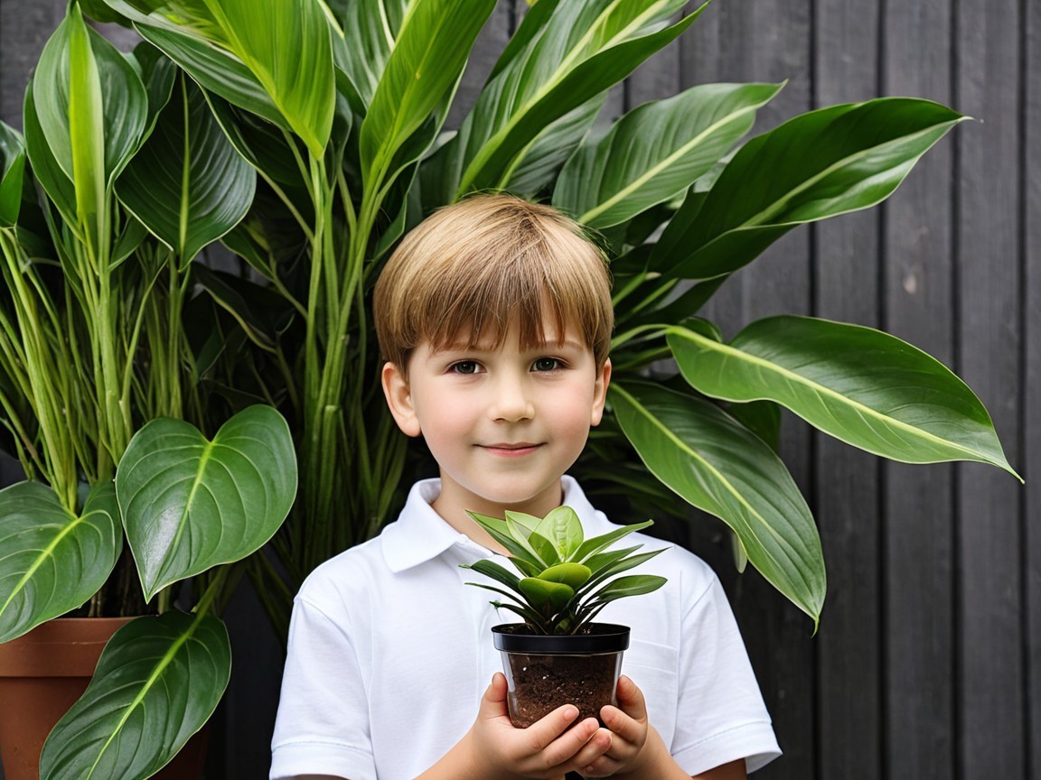 Young Boy with Potted Plant in Lush Greenery