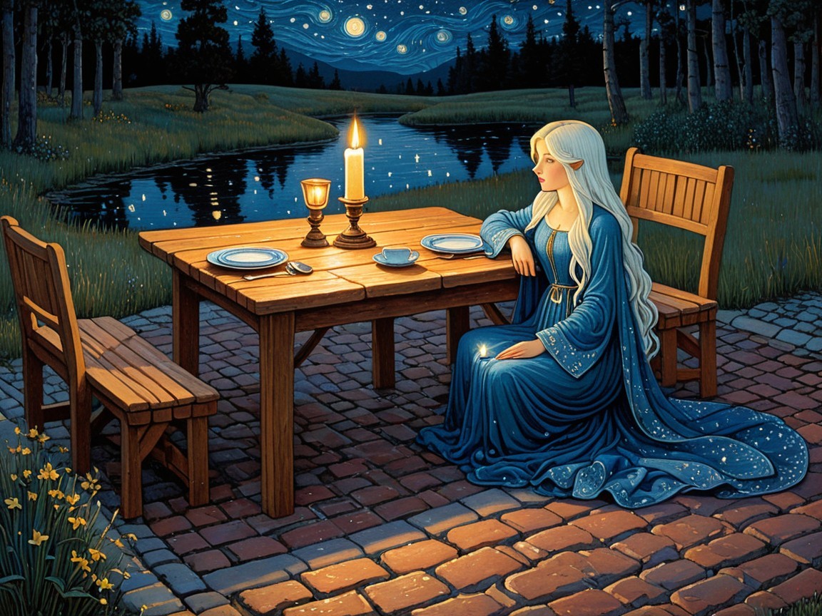 Serene Night Scene with Woman by Calm River