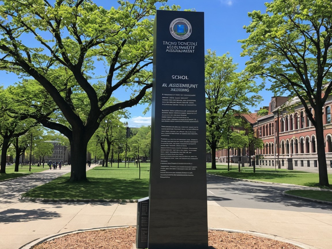Tall black monument in park with historic buildings