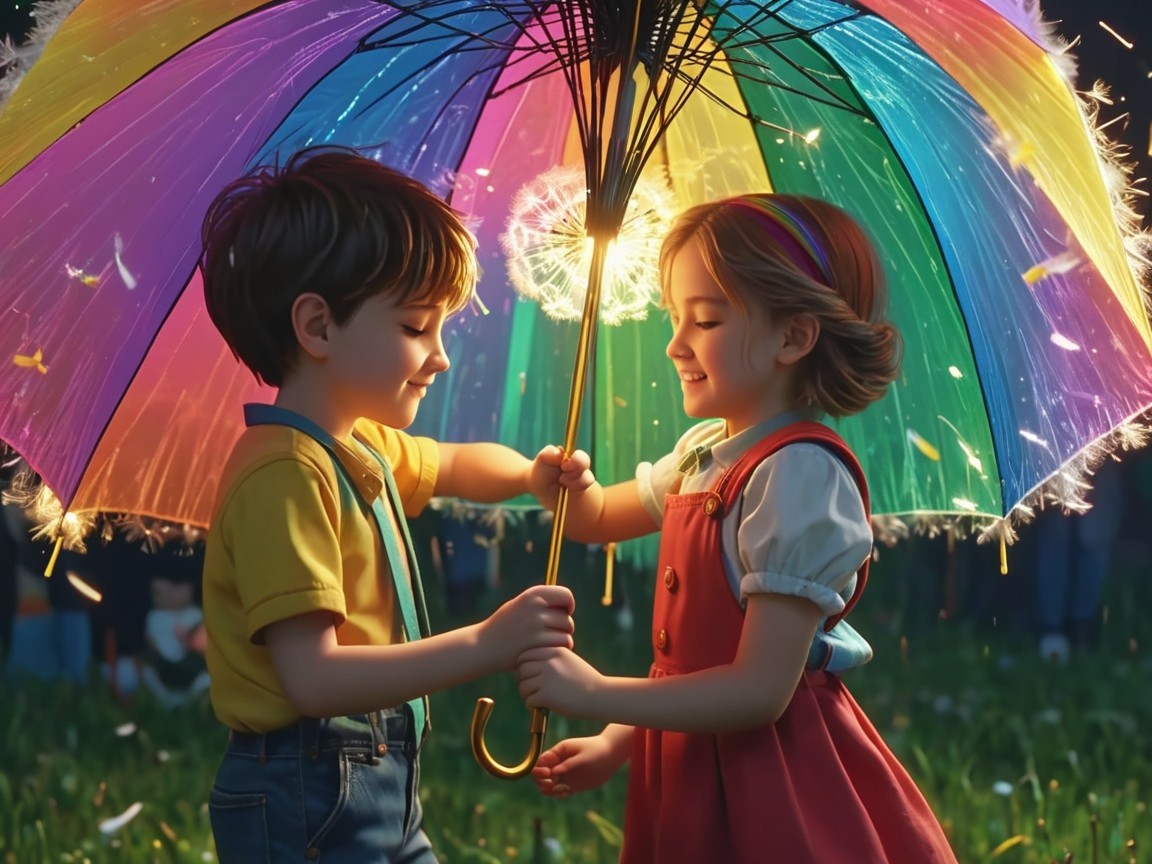 Children Under Rainbow Umbrella in Sunny Outdoor Scene