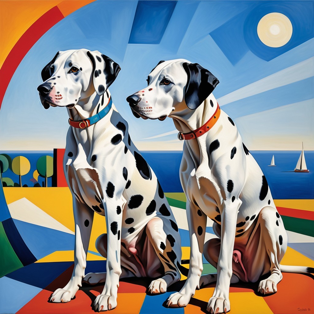 Dalmatian Dogs on Colorful Ground by Water in Art Deco Style