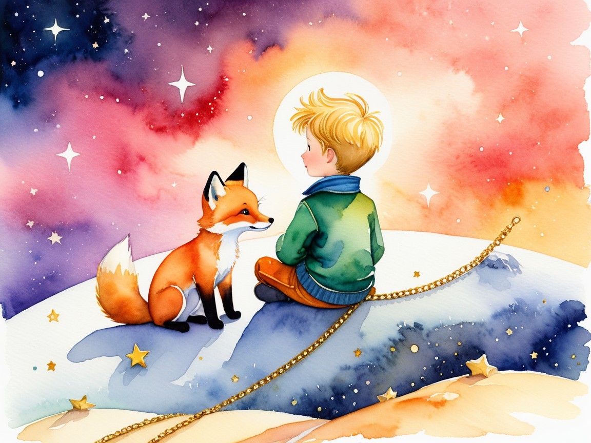 Whimsical Illustration of Boy and Fox Under Moonlight