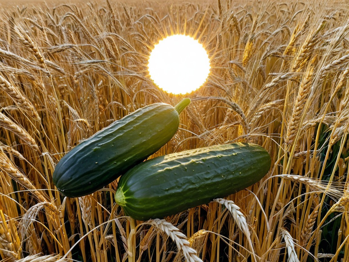 Cucumbers Among Wheat in Sunlit Field Scene