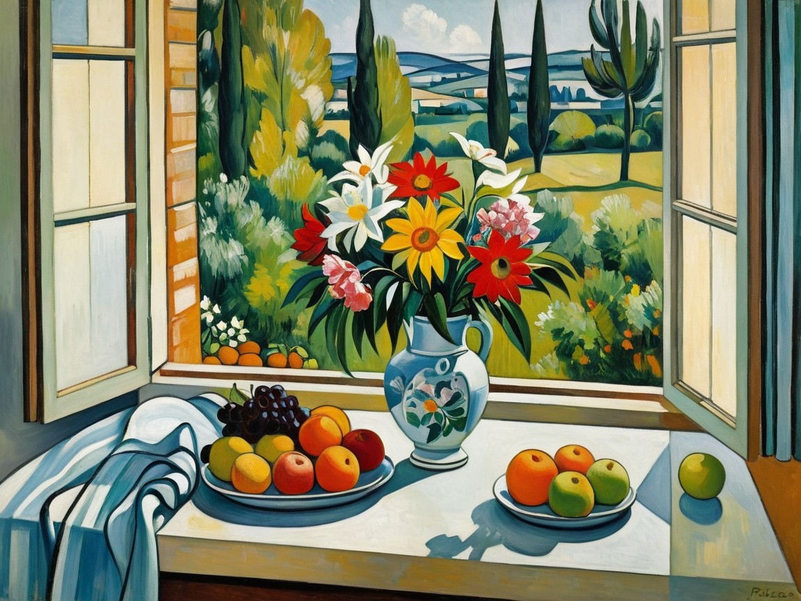 Fauvist Still Life with Flowers and Fruits by Window