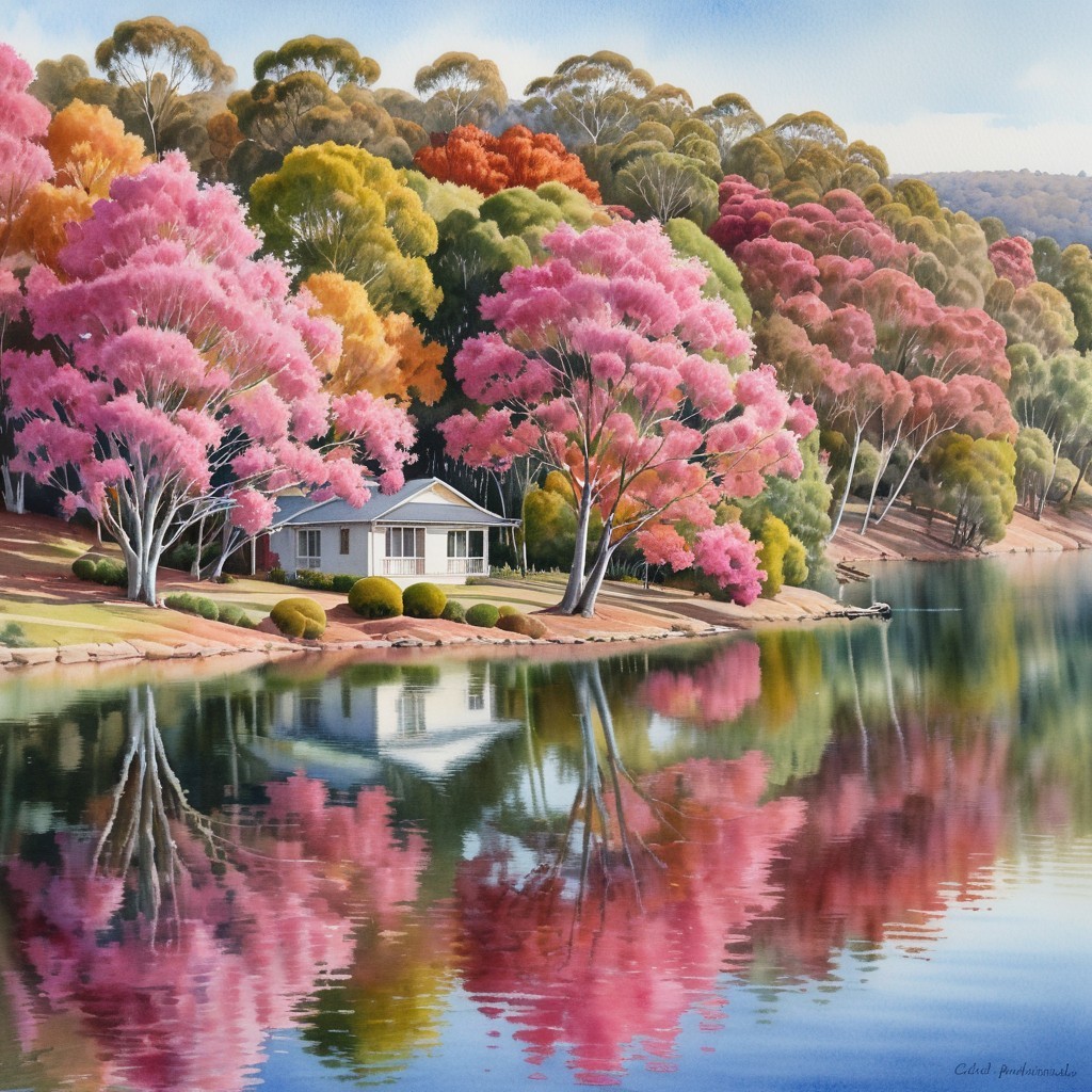 Lakeside Scene with White House and Autumn Foliage