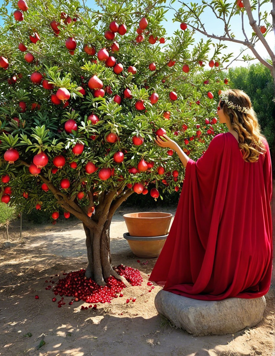 Woman in Red Cloak by Lush Pomegranate Tree