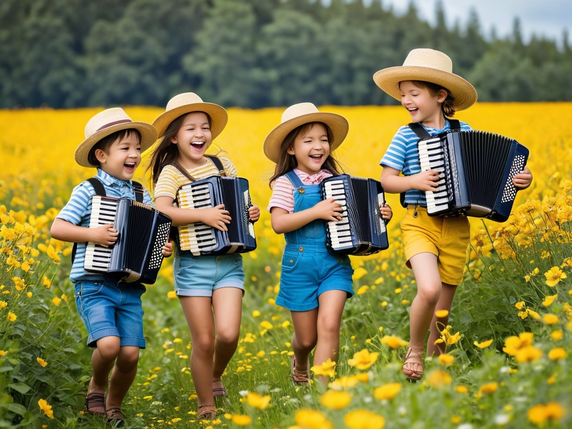 Children Playing Accordions in a Flower Field