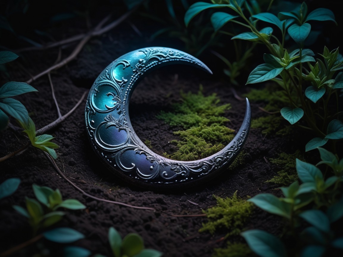 Crescent Moon Pendant on Soil with Green Moss