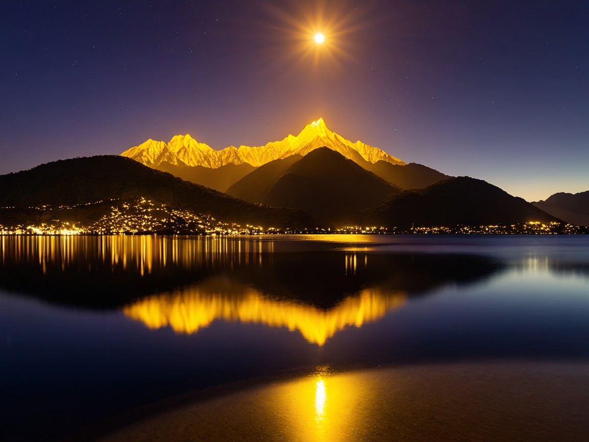 Mountain Range Under Moonlight with Lake Reflection