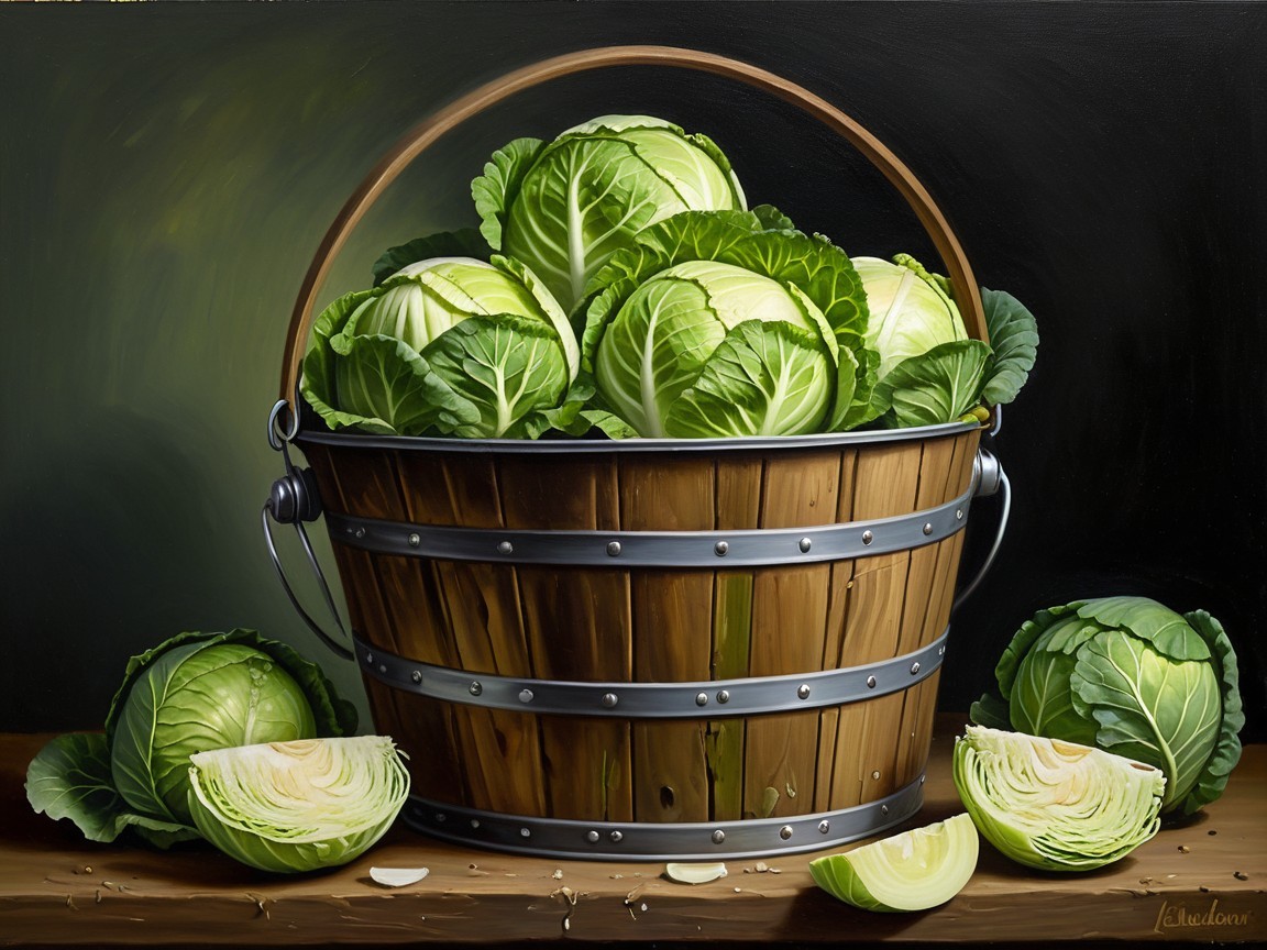 Rustic Bucket with Fresh Green Cabbages on Wood