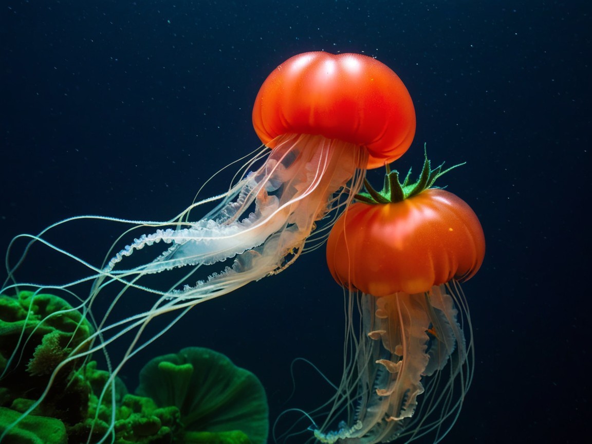 Vibrant Red Jellyfish in Serene Underwater Scene