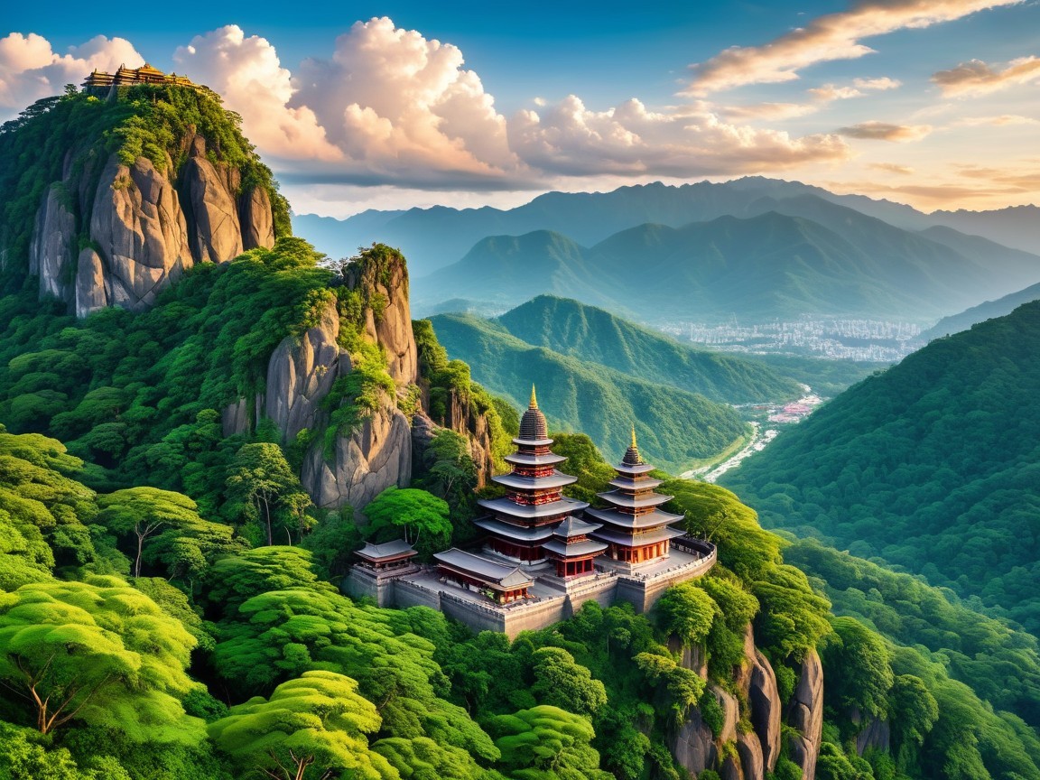 Ornate temple complex atop a lush green mountain