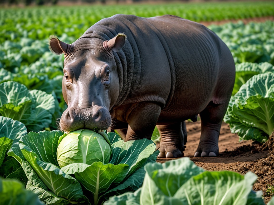 Close-up of Hippopotamus with Cabbage in Field